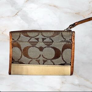Coach Brown & Beige Signature Cardholder Keychain with Leather Trim